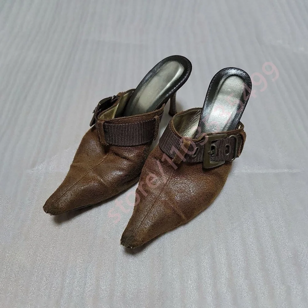 2026 Summer Vintage Brown Distressed Mules Women Pointed Toe Metal Buckle Strap Thin Kitten Heel Retro Slip On Slide Pumps
2026 Summer Vintage Brown Distressed Mules Women Pointed Toe Metal Buckle Strap Thin Kitten Heel Retro Slip On Slide Pumps