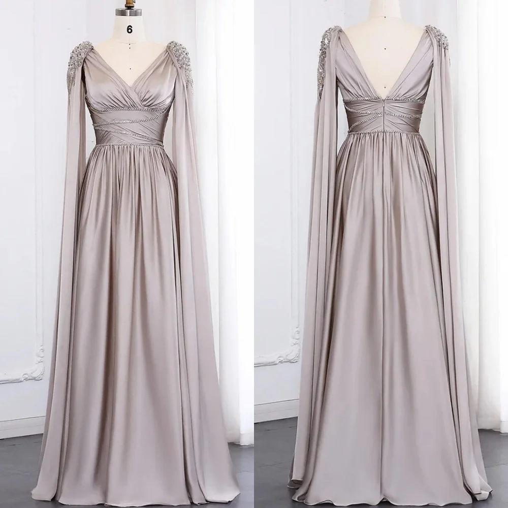 Customized Delicate Grey Satin Evening Dress Elegant V-Neck Shawl Zipper Back Beading Crystal Sweep Train Special Occasion Gowns
Customized Delicate Grey Satin Evening Dress Elegant V-Neck Shawl Zipper Back Beading Crystal Sweep Train Special Occasion Gowns