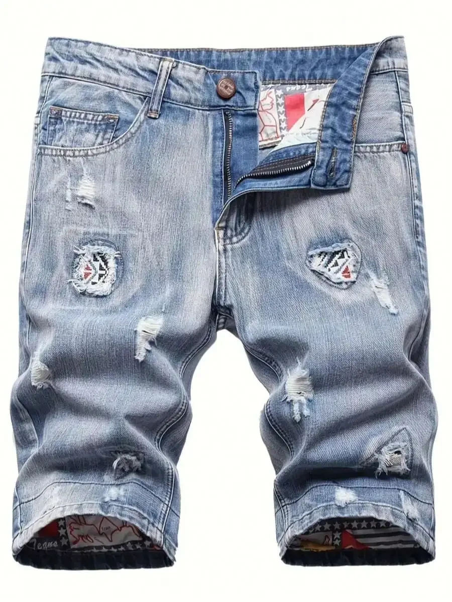 Mens Ripped Denim Shorts Mid-Rise Loose Casual Street Style With Geometric Embroidery Zip Pockets Frayed Edges
Mens Ripped Denim Shorts Mid-Rise Loose Casual Street Style With Geometric Embroidery Zip Pockets Frayed Edges