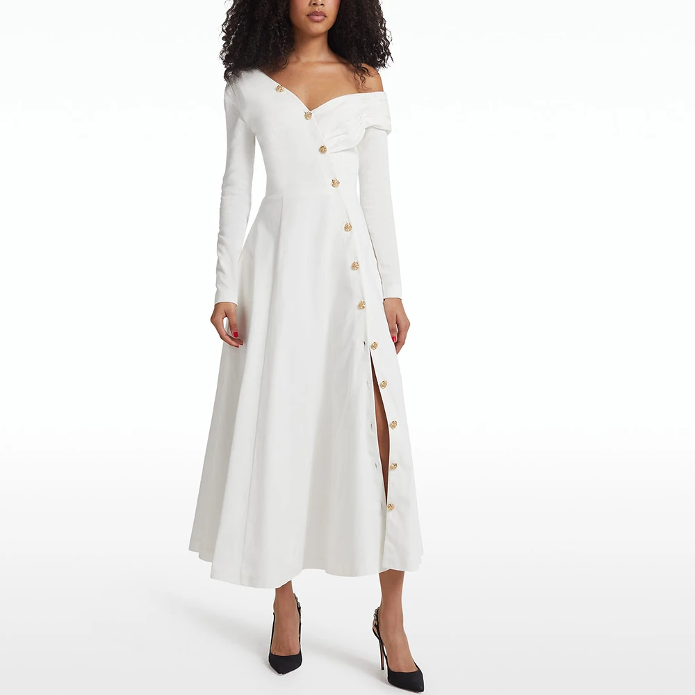 Customized Modern Buttons Strapless Ankle Length Side Slit A-Line Evening Dress Fashion Jersey Long Sleeves Vestidos P
Customized Modern Buttons Strapless Ankle Length Side Slit A-Line Evening Dress Fashion Jersey Long Sleeves Vestidos P