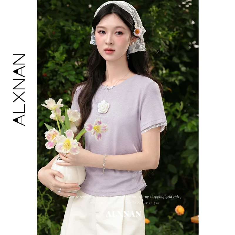 ALXNAN Purple T-shirt Round Neck Elegant 3D Flower Letter Print Lace Splice Cuff Waist Ruched T-shirts Short Sleeve Tops L63813
ALXNAN Purple T-shirt Round Neck Elegant 3D Flower Letter Print Lace Splice Cuff Waist Ruched T-shirts Short Sleeve Tops L63813