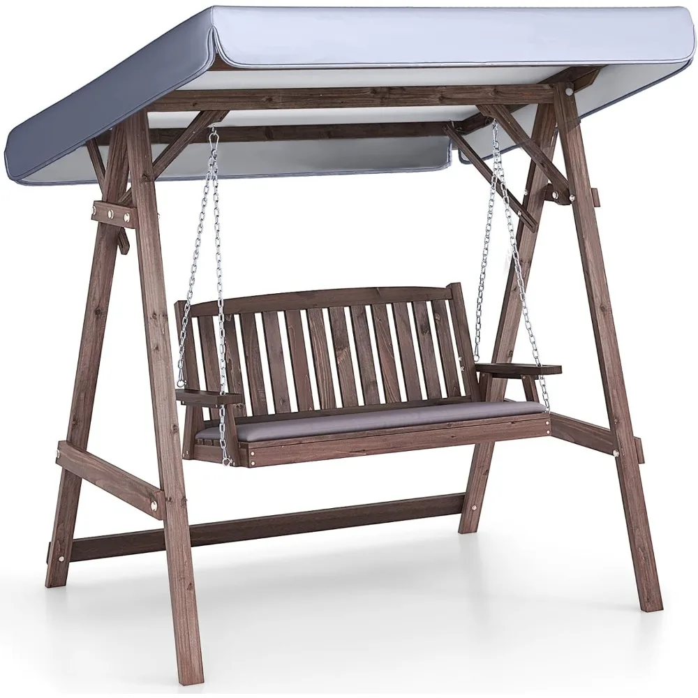 Wooden Porch Swing, 2 Person A-Frame Outdoor Swing with Adjustable Canopy, Cushion, Armrests, Adjustable Hanging Chain
Wooden Porch Swing, 2 Person A-Frame Outdoor Swing with Adjustable Canopy, Cushion, Armrests, Adjustable Hanging Chain