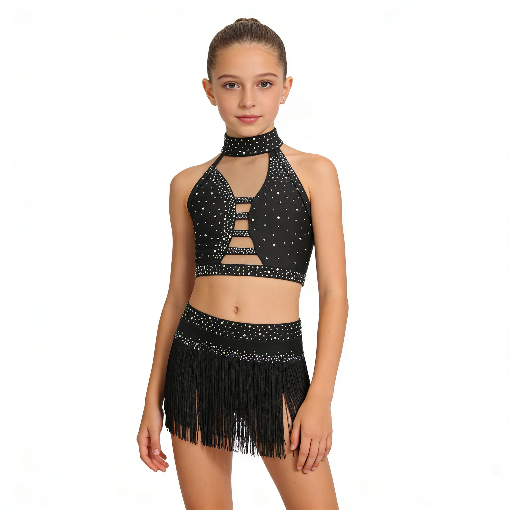 Girls Latin Dance Performance Outfit Rhinestones Mesh Crop Top with Tassel Briefs Skirt for Lyrical Cha-cha Samba Rumba Salsa
Girls Latin Dance Performance Outfit Rhinestones Mesh Crop Top with Tassel Briefs Skirt for Lyrical Cha-cha Samba Rumba Salsa