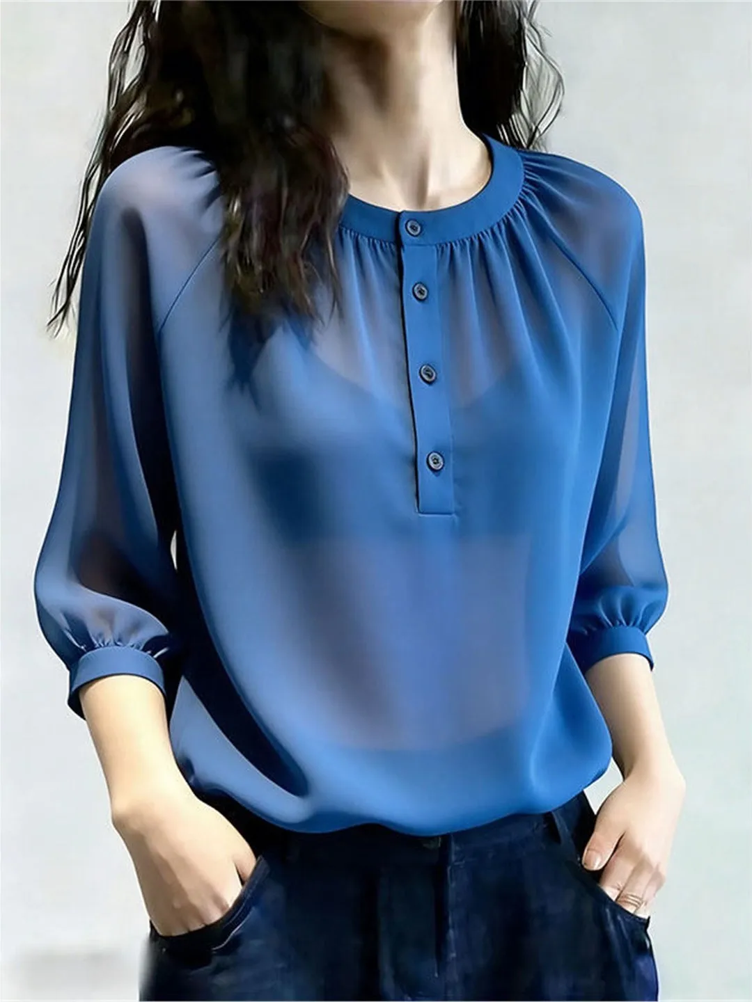 Blue Bubble Sleeve Shirt Women's Loose Fit Summer Elegant Style Half Open Button down Casual Top Lightweight Premium Quality
Blue Bubble Sleeve Shirt Women's Loose Fit Summer Elegant Style Half Open Button down Casual Top Lightweight Premium Quality