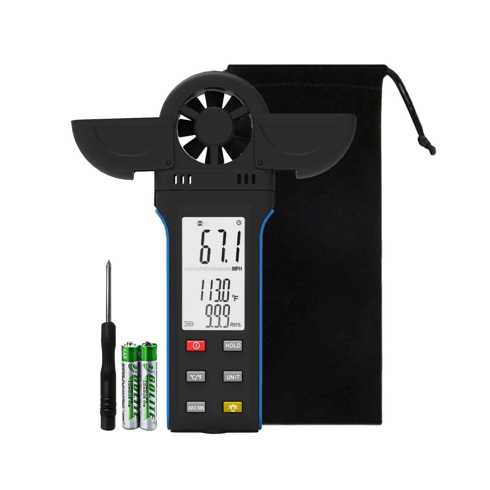 High-Precision Handheld Impeller-Type Digital Anemometer: Wind Speed / Wind Temperature / Humidity with Data Hold
High-Precision Handheld Impeller-Type Digital Anemometer: Wind Speed / Wind Temperature / Humidity with Data Hold