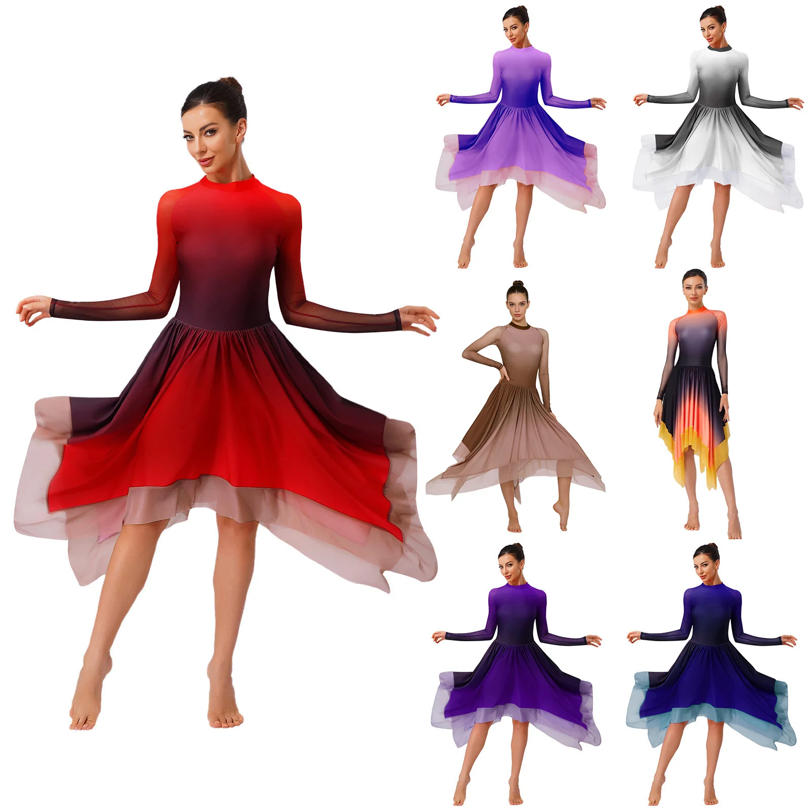Women Modern Lyrical Dance Gradient Dress Mesh Long Sleeve Irregular Hem Leotard Dresses for Figure Skating Gymnastics Ballet
Women Modern Lyrical Dance Gradient Dress Mesh Long Sleeve Irregular Hem Leotard Dresses for Figure Skating Gymnastics Ballet