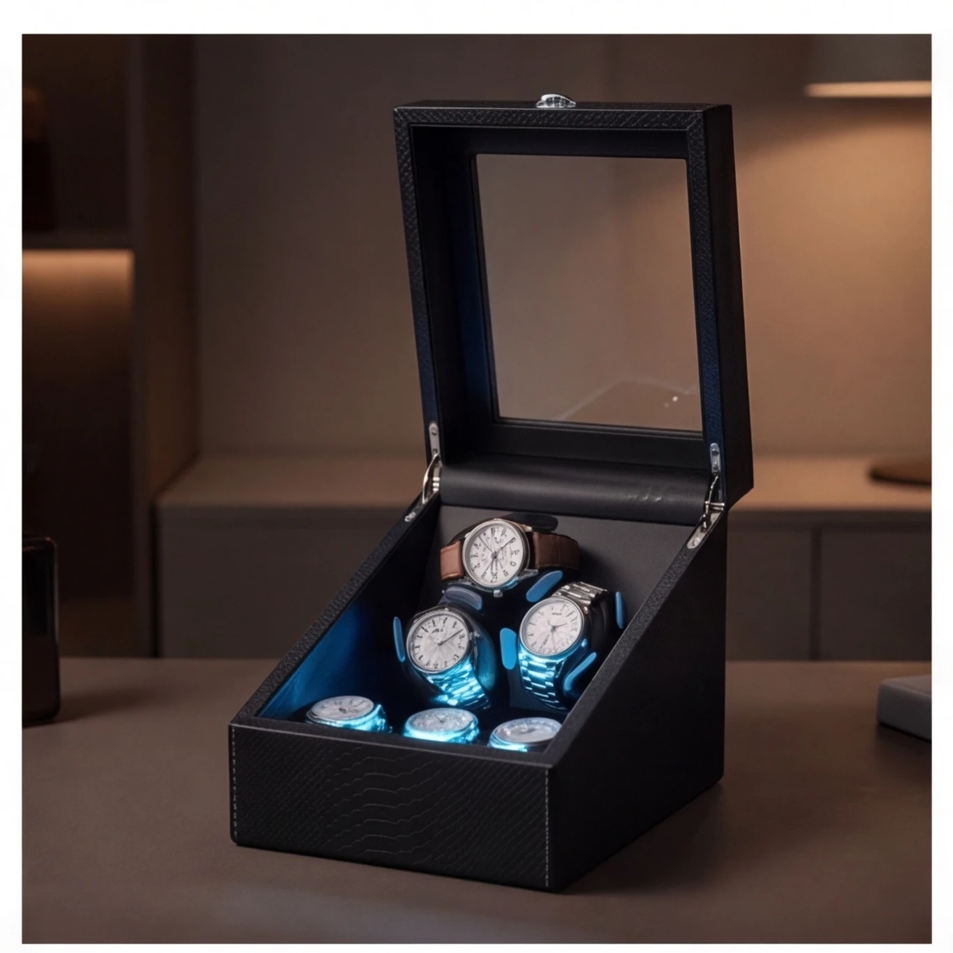 Luxury 3+3 Watch Winder Box with Blue LED Light, Black PU Leather Automatic Watch Rotator, Premium Gift for Watch Collectors
Luxury 3+3 Watch Winder Box with Blue LED Light, Black PU Leather Automatic Watch Rotator, Premium Gift for Watch Collectors