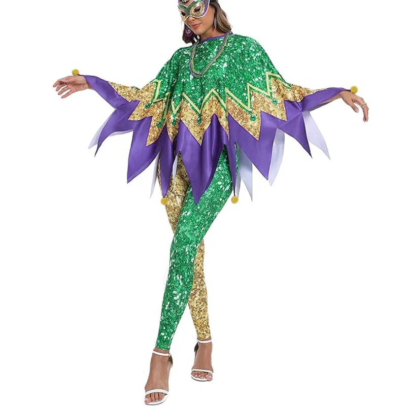 Mardi Gras Jester Costume Set for Adult Purple Green Gold Sequins Poncho Pants with Mask Beads Carnival Party Outfit
Mardi Gras Jester Costume Set for Adult Purple Green Gold Sequins Poncho Pants with Mask Beads Carnival Party Outfit