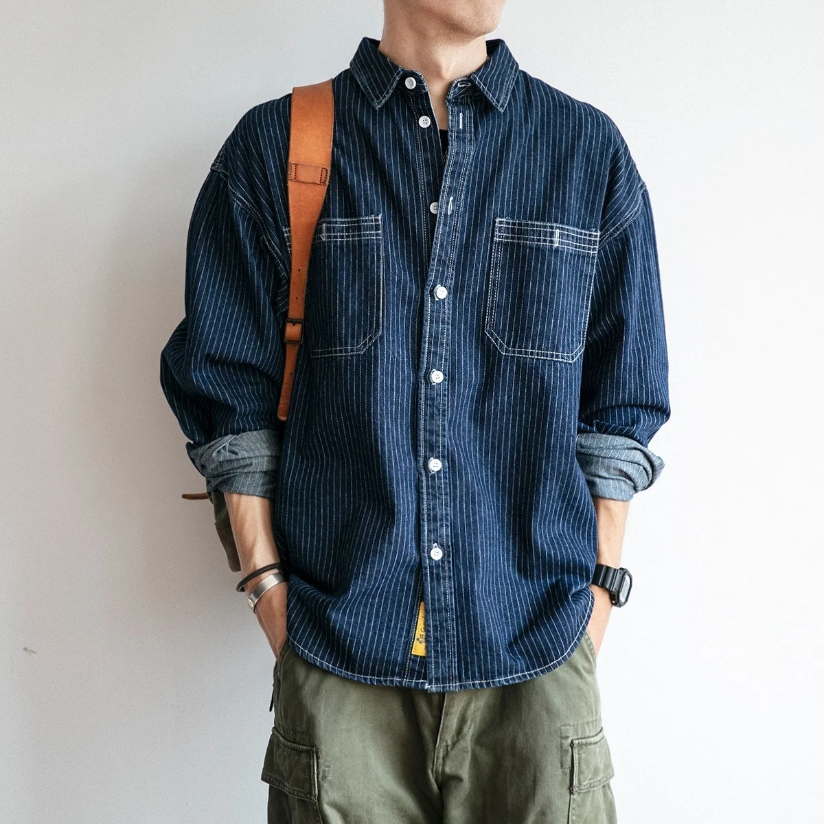 Retro Striped Japanese Style Loose Fit Long Sleeve Collared Men's Denim Shirt Casual Workwear Jacket Polyester Fiber Resistan...
Retro Striped Japanese Style Loose Fit Long Sleeve Collared Men's Denim Shirt Casual Workwear Jacket Polyester Fiber Resistan...