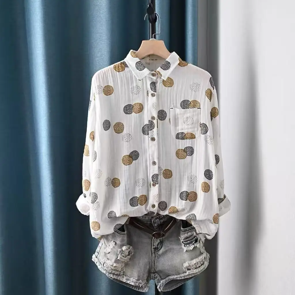 Bust 118cm plus size polka dot shirts for women autumn 100% cotton yarn soft long sleeve blouses single-breasted outwear
Bust 118cm plus size polka dot shirts for women autumn 100% cotton yarn soft long sleeve blouses single-breasted outwear