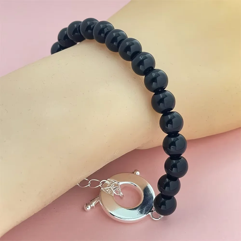 925 Sterling Silver Jewelry Black Agate Bracelet, To Clasp Women's Bracelet Couple Simple Luxury Wedding Gift
925 Sterling Silver Jewelry Black Agate Bracelet, To Clasp Women's Bracelet Couple Simple Luxury Wedding Gift