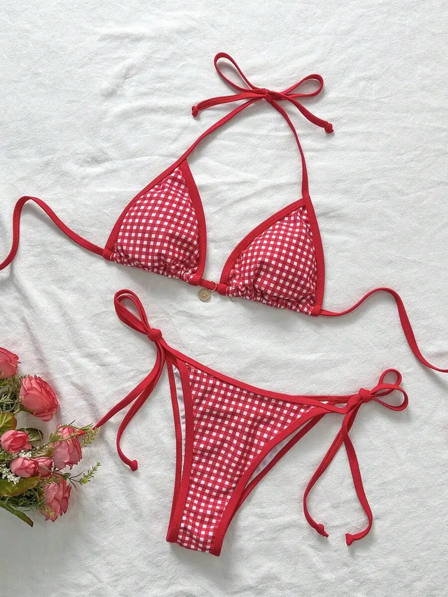 Womens Red Gingham Print Triangle Bikini Set With Side Tie Straps
Womens Red Gingham Print Triangle Bikini Set With Side Tie Straps