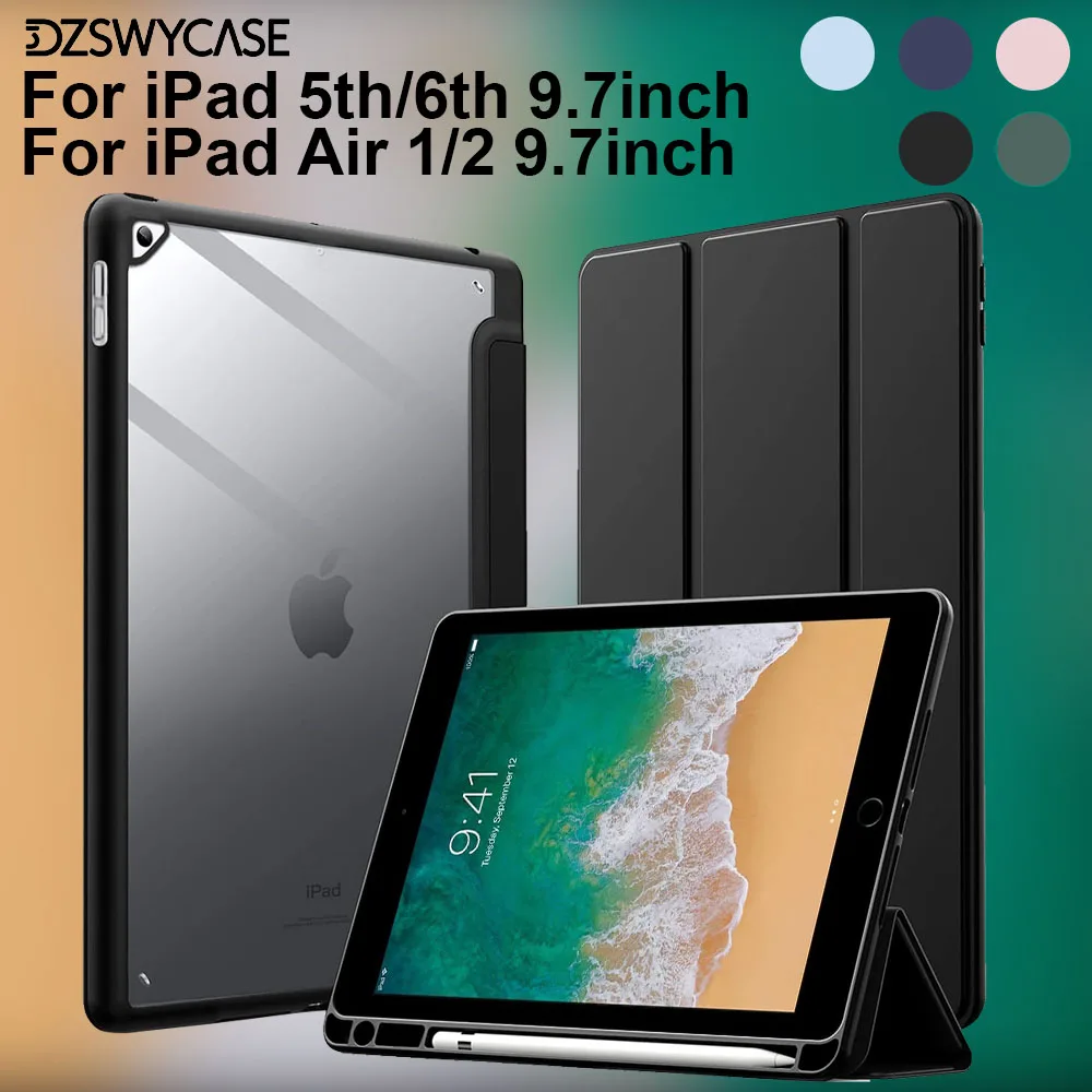 Case for iPad 5/6th, for iPad Air 1/2 9.7 inch, with Pencil Holder, Cover with Clear Transparent Back Shell, Auto Wake / Sleep
Case for iPad 5/6th, for iPad Air 1/2 9.7 inch, with Pencil Holder, Cover with Clear Transparent Back Shell, Auto Wake / Sleep