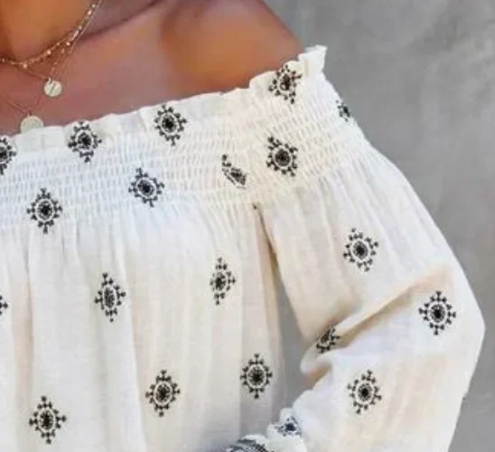 Women's Vintage Tribal Placement Print Shirred Off Shoulder Flared Cuffs Blouse Female Casual Frill Trim Bohemian Loose Top
Women's Vintage Tribal Placement Print Shirred Off Shoulder Flared Cuffs Blouse Female Casual Frill Trim Bohemian Loose Top