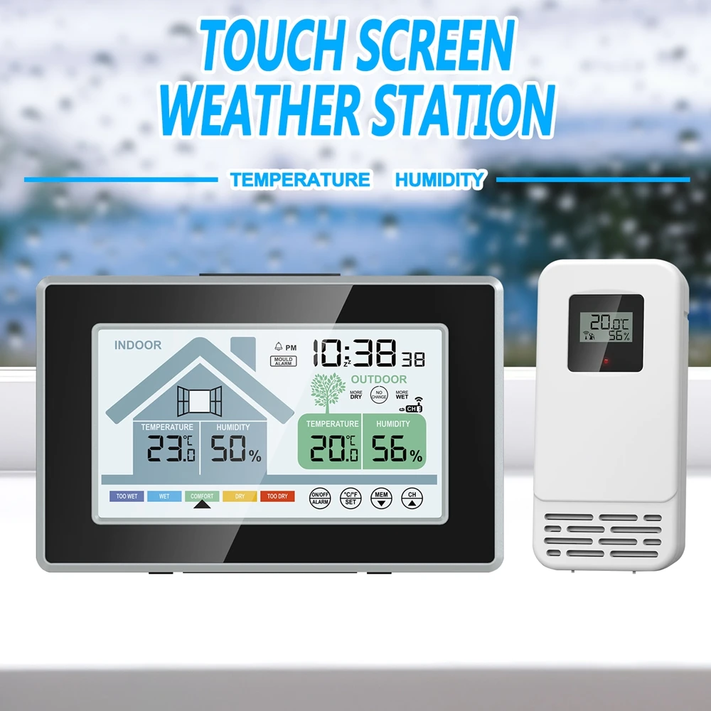 Digital Wireless Touch Screen Temp Humidity Alarm Clock in/Outdoor Calendar Max/Min Record Comfort Indicator
Digital Wireless Touch Screen Temp Humidity Alarm Clock in/Outdoor Calendar Max/Min Record Comfort Indicator