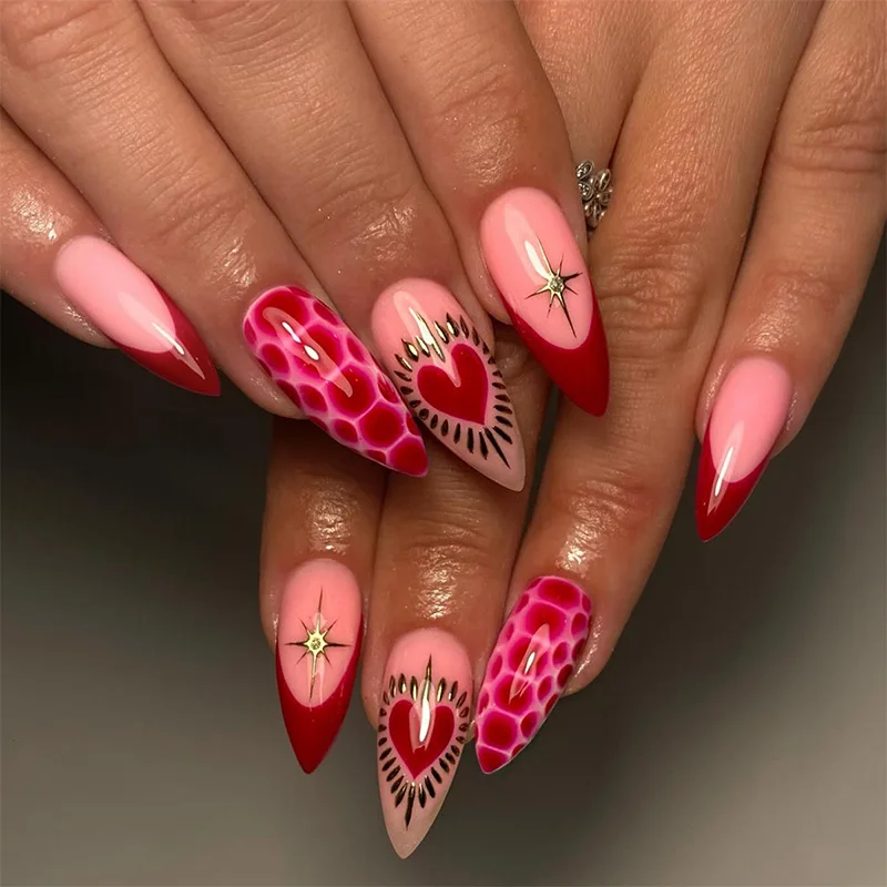 24Pcs Mid-length French Almond Fake Nail Love Heart Star Design Press on Nails Tips Art for Woman Wearable Full Cover False Nail
24Pcs Mid-length French Almond Fake Nail Love Heart Star Design Press on Nails Tips Art for Woman Wearable Full Cover False Nail
