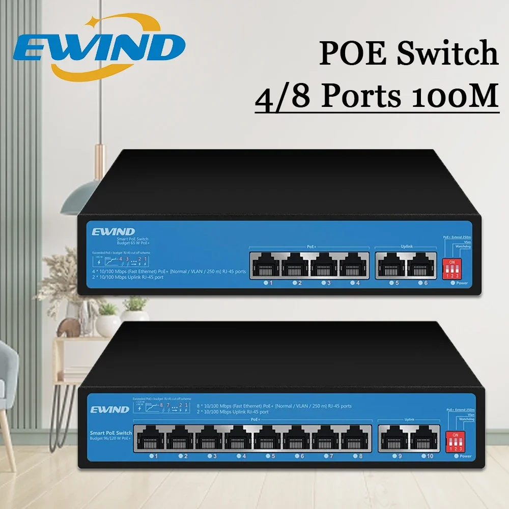 EWIND POE Switch 4/8 Ports 10/100M Ethernet Switch With Dial Code IP Camera/Wireless AP AI Smart Switch,for home NVR cameras
EWIND POE Switch 4/8 Ports 10/100M Ethernet Switch With Dial Code IP Camera/Wireless AP AI Smart Switch,for home NVR cameras