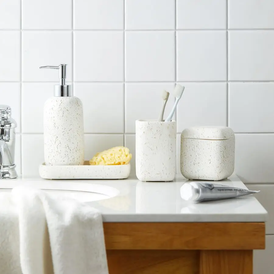 4Pieces Bathroom Accessory Set Hight Quality Polyresin EnsembleLotion Dispenser Toothbrush Holder Cotton Jar Soap Dish, Cream Co
4Pieces Bathroom Accessory Set Hight Quality Polyresin EnsembleLotion Dispenser Toothbrush Holder Cotton Jar Soap Dish, Cream Co