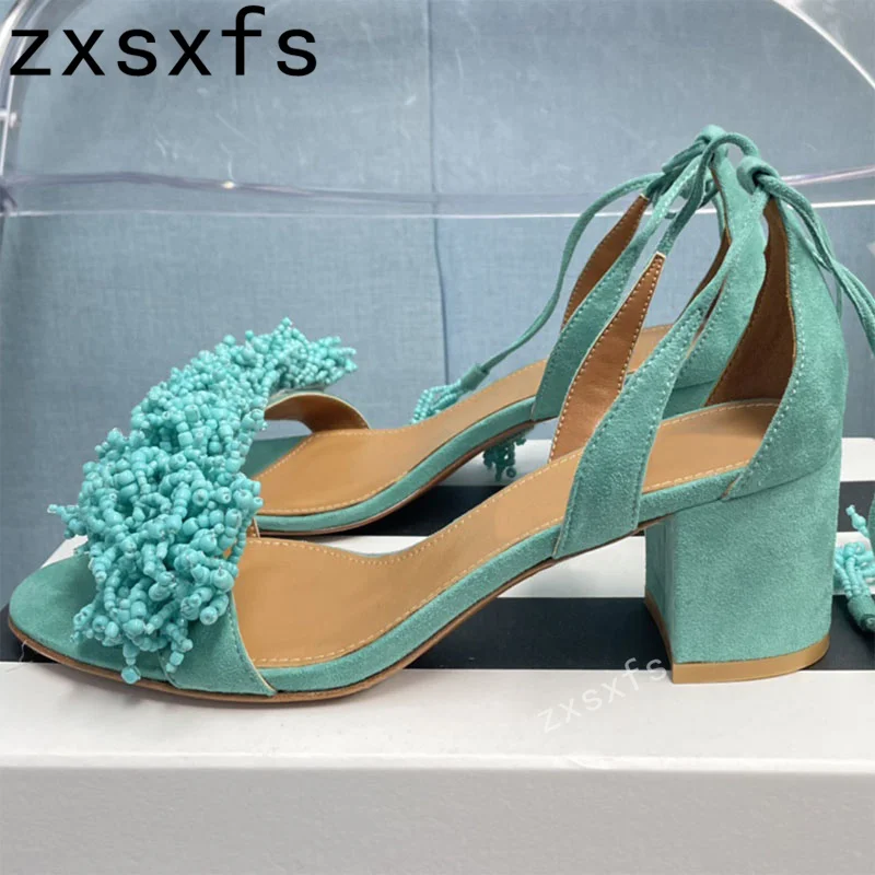 2023 Summer New Suede String Bead Chunky Heels Sandals Women Slip On Peep Toe Mules Brand Casual Party Dress Shoes Mujer
2023 Summer New Suede String Bead Chunky Heels Sandals Women Slip On Peep Toe Mules Brand Casual Party Dress Shoes Mujer
