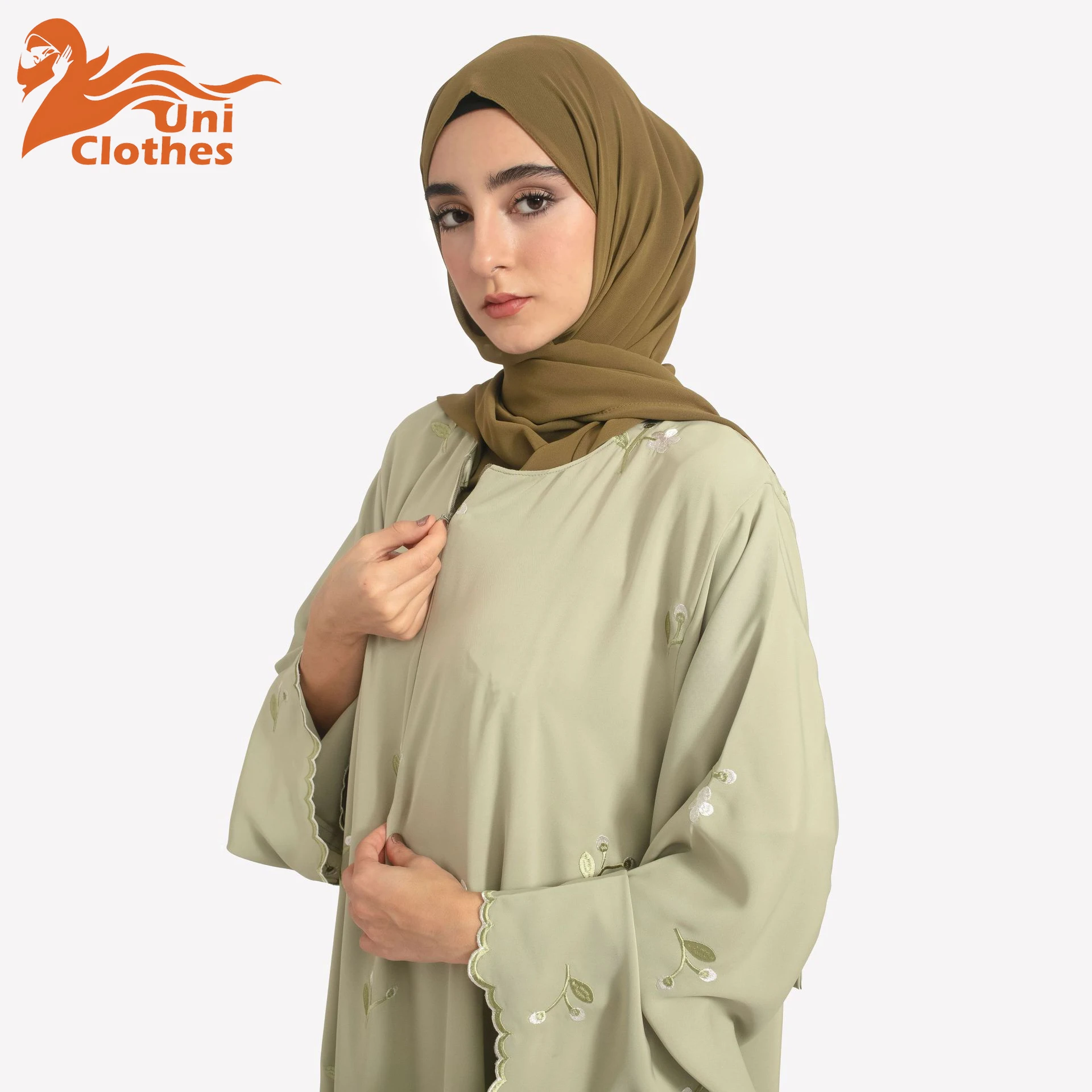UNI Stylish Muslim Islamic Abaya for Women Light Green Floral Embroidery Delicate Cuffs Ideal for UAE Saudi Arabia Qatar
UNI Stylish Muslim Islamic Abaya for Women Light Green Floral Embroidery Delicate Cuffs Ideal for UAE Saudi Arabia Qatar