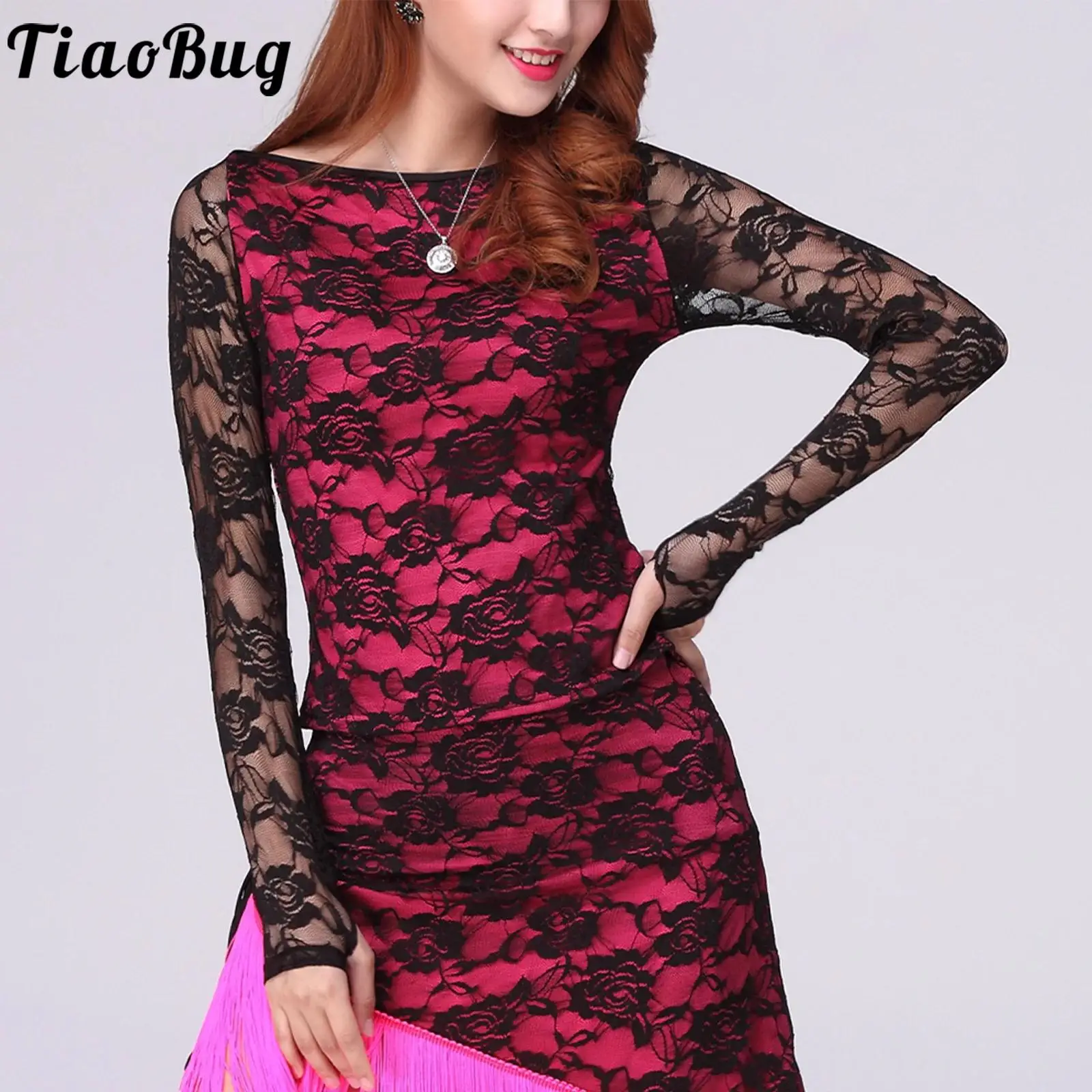 Women Rose Sheer Lace Modern Dance Blouse Tops Long Sleeve Pullover Tops Slim Shirt for Latin Chacha Dance and Daily Casual Wear 
Women Rose Sheer Lace Modern Dance Blouse Tops Long Sleeve Pullover Tops Slim Shirt for Latin Chacha Dance and Daily Casual Wear