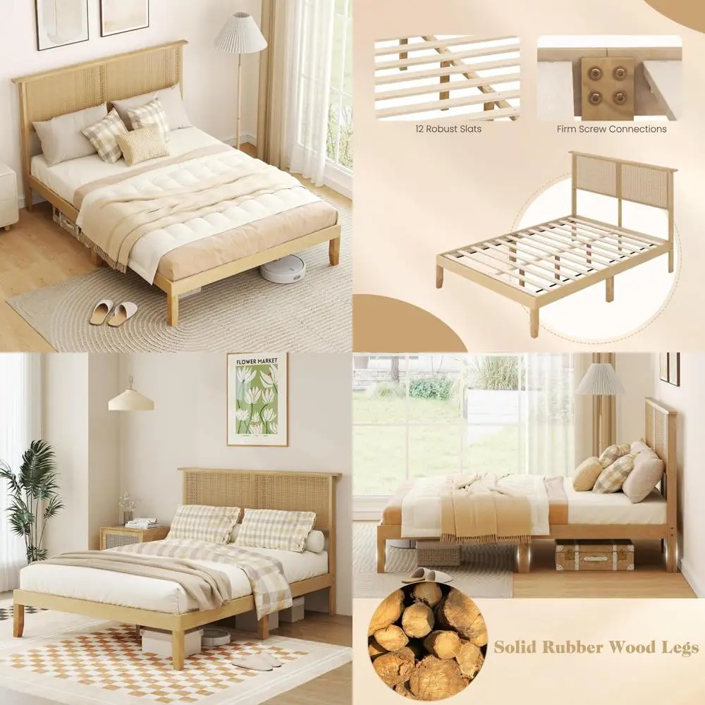 Boho Style Rattan Headboard Wood Bed Frame with Full-Size Platform and Storage Space
Boho Style Rattan Headboard Wood Bed Frame with Full-Size Platform and Storage Space