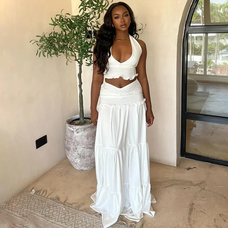 Women Solid Ruffles Ruched 2 Piece Set V-neck Lace Up Halter Backless Tank Crop Tops + A-line Long Skirts Holiday Outfits Suit
Women Solid Ruffles Ruched 2 Piece Set V-neck Lace Up Halter Backless Tank Crop Tops + A-line Long Skirts Holiday Outfits Suit