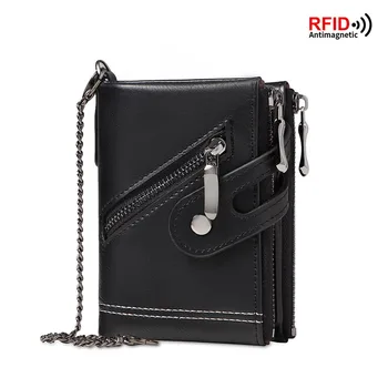 남성용 RFID 도난 방지 체인 지갑, 레트로 가죽 지갑, 더블 지퍼 동전 지갑, 남녀공용 신용카드 홀더
