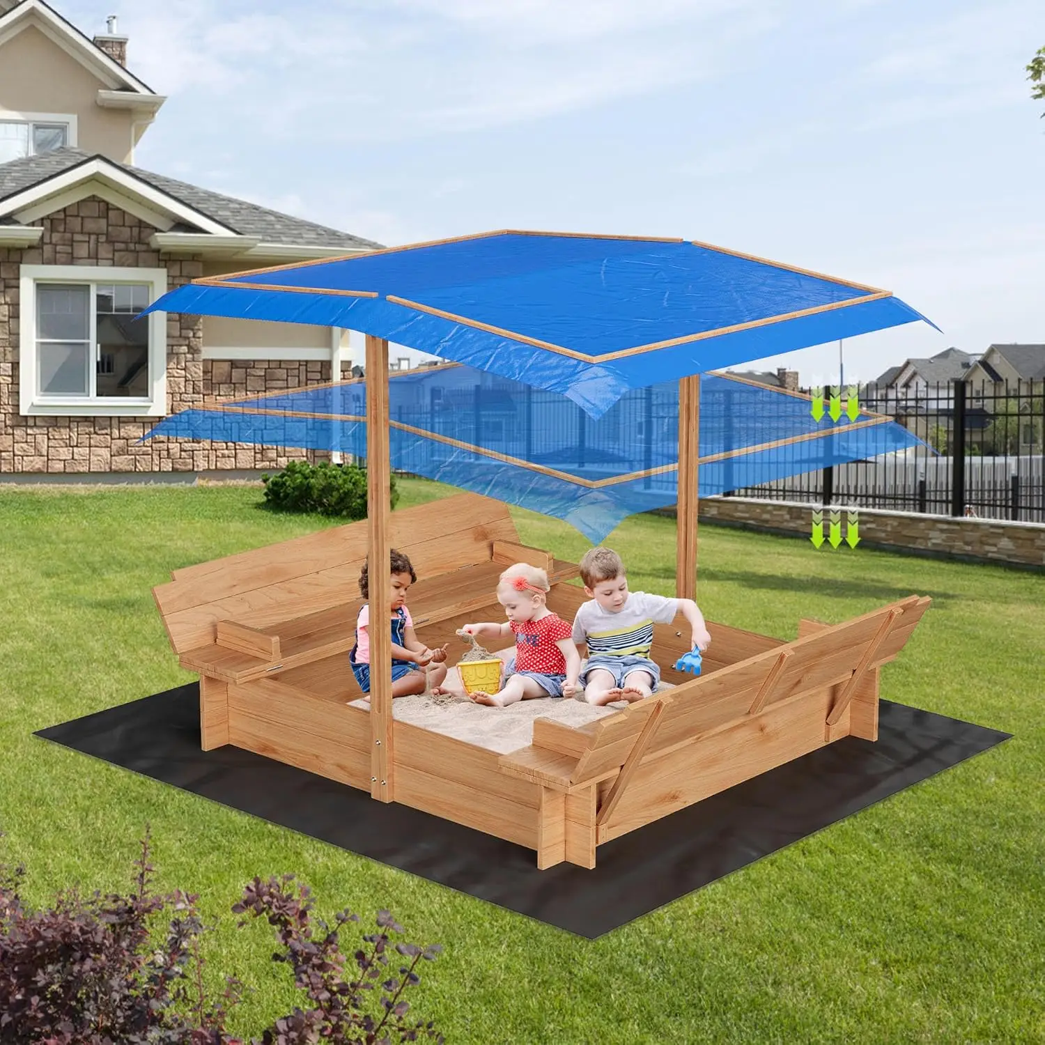 Wooden Sandbox with Lid&Cover, Outdoor Sand Box with 2 Bench Seats, Bottom Liner, Adjustable Height & Rotatable Canopy for Ages
Wooden Sandbox with Lid&Cover, Outdoor Sand Box with 2 Bench Seats, Bottom Liner, Adjustable Height & Rotatable Canopy for Ages