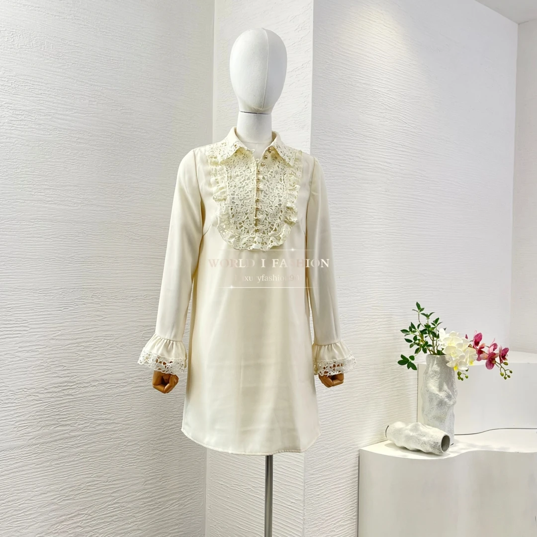 Woman Clothes White Beige Long Sleeve Lace Patchwork Straight Cut Mini Dress
Woman Clothes White Beige Long Sleeve Lace Patchwork Straight Cut Mini Dress