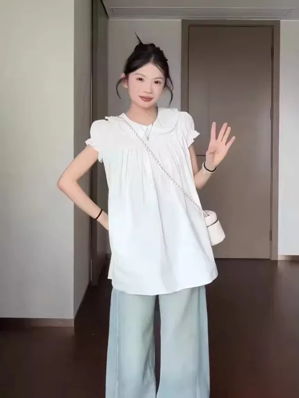 Summer 2026 White Doll Collar Short Sleeve Shirt Women's plus Size Fashionable Slimming Top Commute Style Korean Loose Fit
Summer 2026 White Doll Collar Short Sleeve Shirt Women's plus Size Fashionable Slimming Top Commute Style Korean Loose Fit