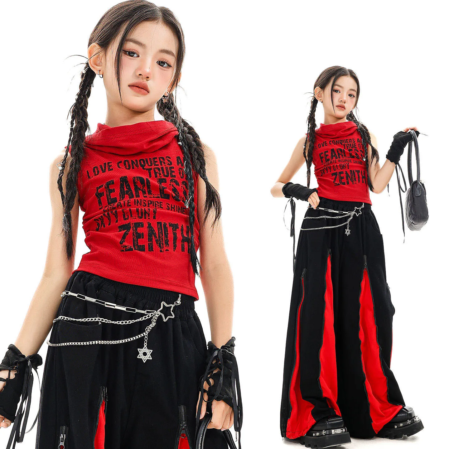 Kid Kpop Hip Hop Clothing Red Mock Neck Crop Hoodie Tank Top Black Casual Zipper Wide Leg Pants for Girl Dance Costume Clothes
Kid Kpop Hip Hop Clothing Red Mock Neck Crop Hoodie Tank Top Black Casual Zipper Wide Leg Pants for Girl Dance Costume Clothes
