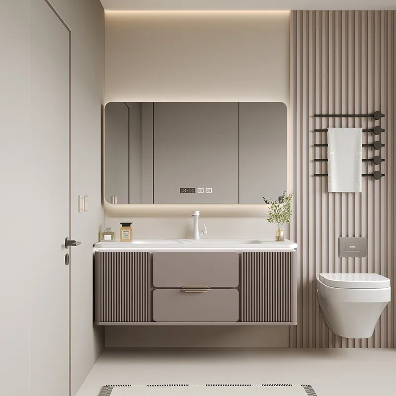 Luxury Smart Bathroom Vanity with Sintered Stone Integrated Sink Oak Cabinet Combo with LED Mirror for Home designer furniture
Luxury Smart Bathroom Vanity with Sintered Stone Integrated Sink Oak Cabinet Combo with LED Mirror for Home designer furniture