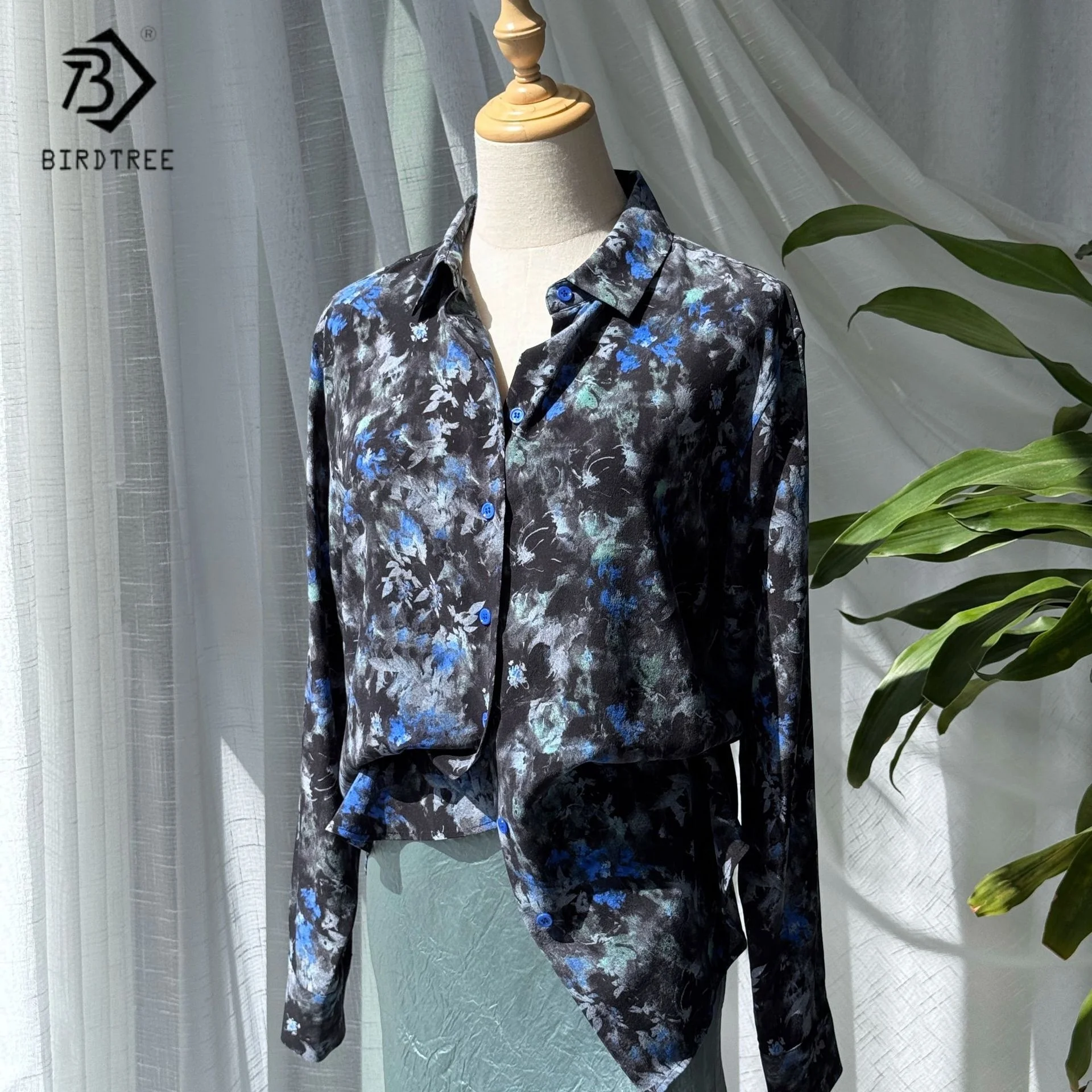 Birdtree 17 мм 100% шелковая блузка с принтом тутового дерева, женская рубашка-поло из двойного крепа, синие, черные однобортные топы T59929JF 
Birdtree 17 мм 100% шелковая блузка с принтом тутового дерева, женская рубашка-поло из двойного крепа, синие, черные однобортные топы T59929JF