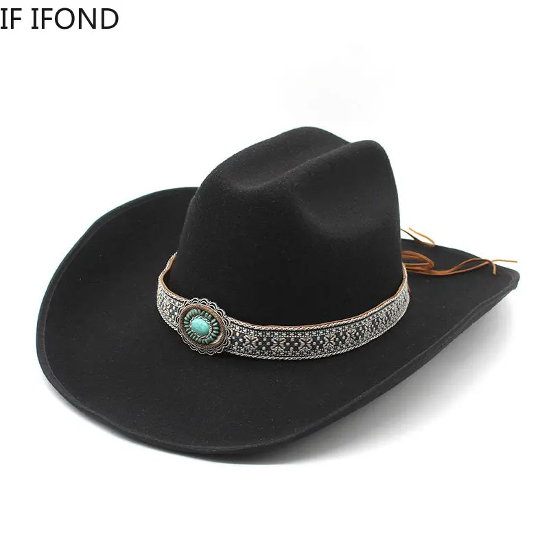 New Men Women Artificial Woolen Western Cowboy Hats 9.5CM Wide Brim Party Dress Hats Gentleman Lady Jazz Cowgirl Cap
New Men Women Artificial Woolen Western Cowboy Hats 9.5CM Wide Brim Party Dress Hats Gentleman Lady Jazz Cowgirl Cap