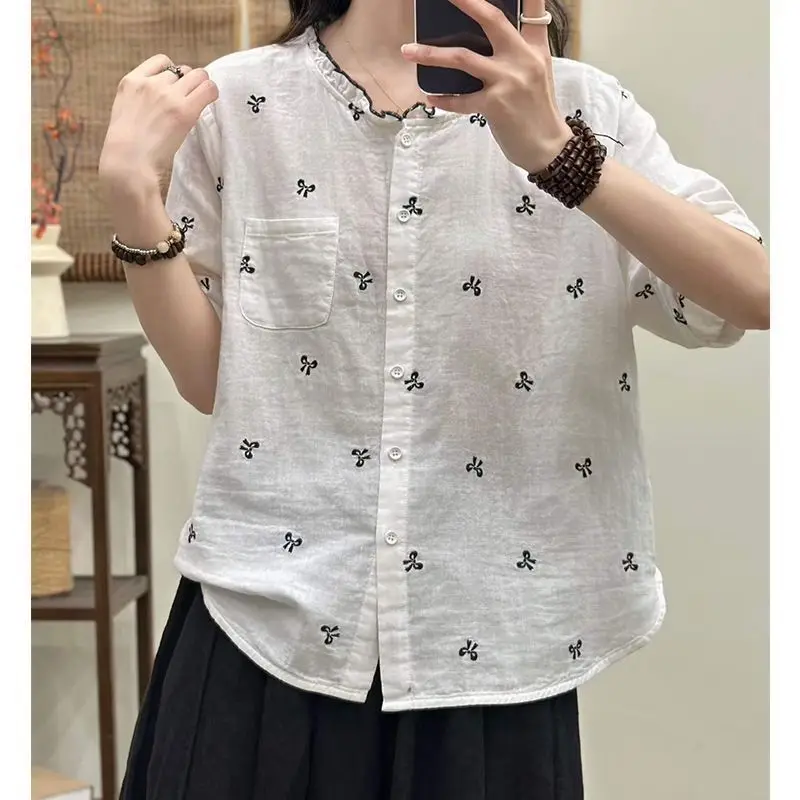 Loose Cotton Linen Shirt Women's Lazy Style Summer New Print Vintage Short Sleeve Top Comfortable Breathable round Neck Buttoned
Loose Cotton Linen Shirt Women's Lazy Style Summer New Print Vintage Short Sleeve Top Comfortable Breathable round Neck Buttoned
