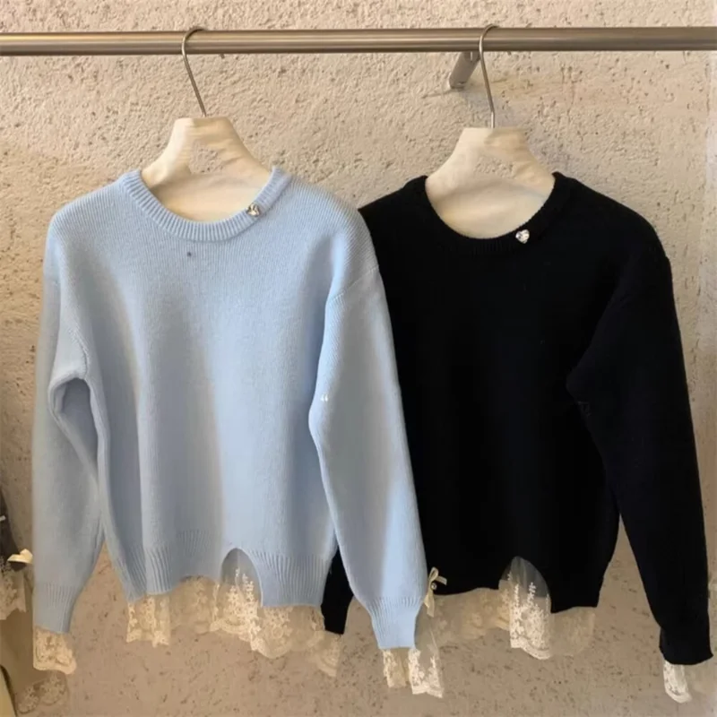 Autumn Winter Female Sweater Sweet Lace Spliced Two Piece Women's Knitted Pullover Fashion Lady Basic Knitwear Korean Style
Autumn Winter Female Sweater Sweet Lace Spliced Two Piece Women's Knitted Pullover Fashion Lady Basic Knitwear Korean Style