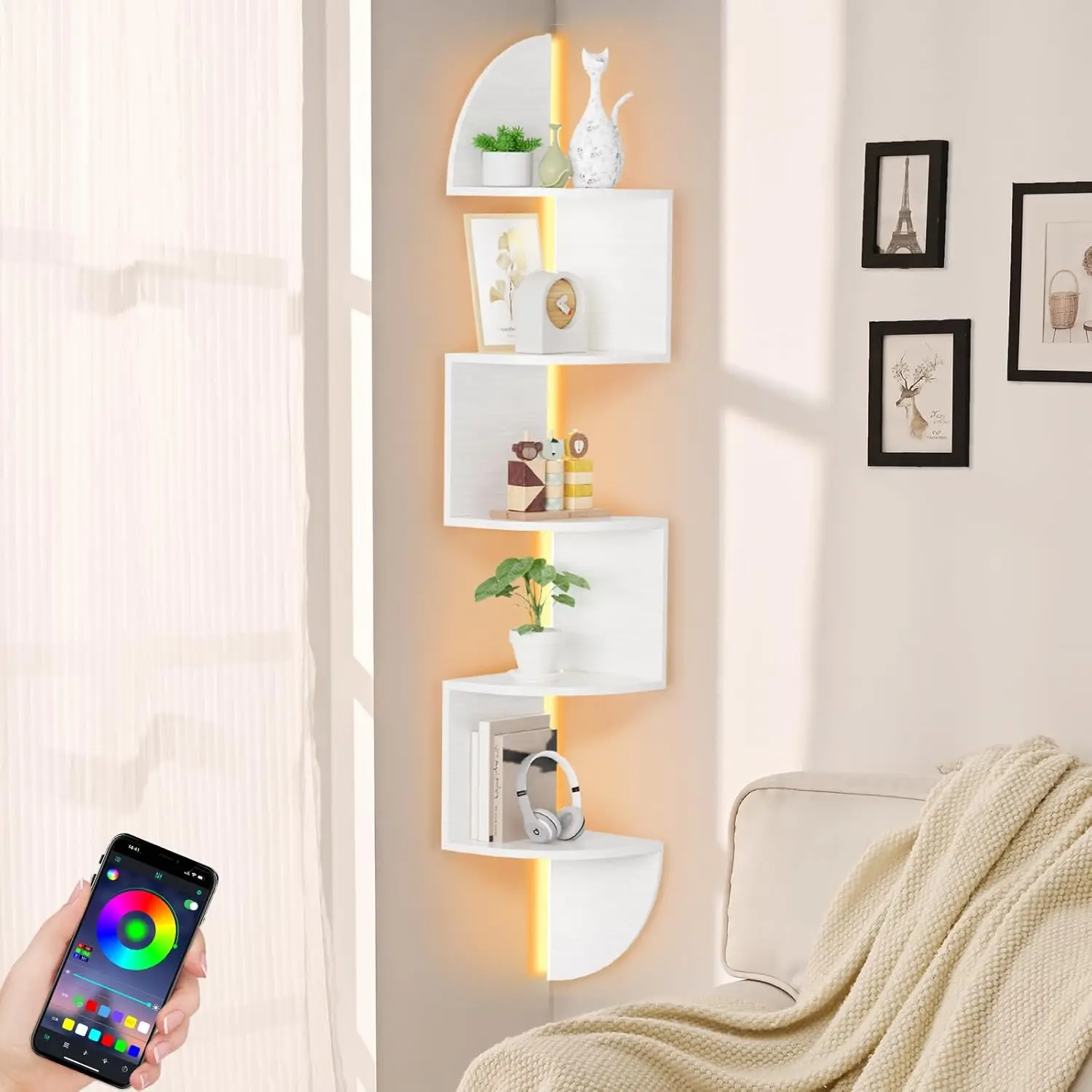 5-Tier Corner Shelf with LED Light, Wall Mounted Floating Shelves for Bedroom, Living Room, Bathroom, Home Office in White
5-Tier Corner Shelf with LED Light, Wall Mounted Floating Shelves for Bedroom, Living Room, Bathroom, Home Office in White