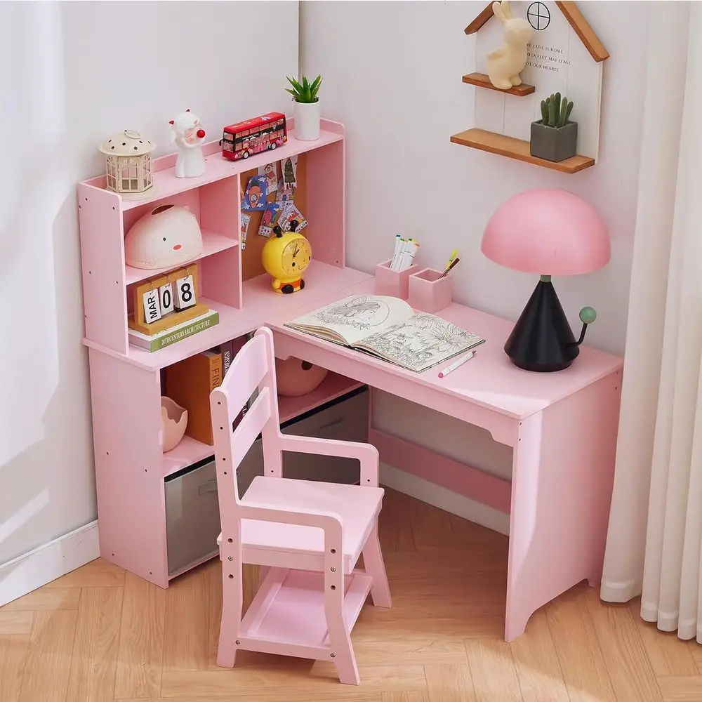 Desk and Chair Set for Kids, L Shape Study Table with Bulletin Board, Shelves, Storage, Pink
Desk and Chair Set for Kids, L Shape Study Table with Bulletin Board, Shelves, Storage, Pink