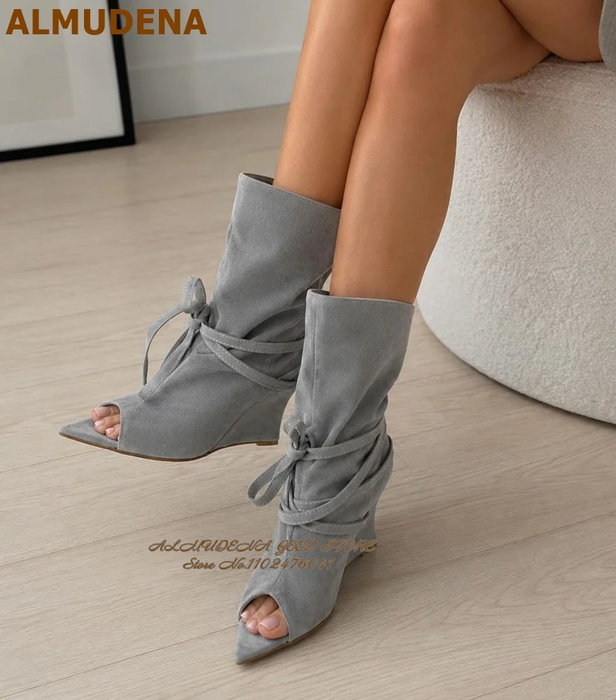 ALMUDENA Suede Wedged Heel Pointed Toe Ankle Boots Elegant Open Toe Lace-Up Short Booties Coffee Beige Grey Slouchy Sandals
ALMUDENA Suede Wedged Heel Pointed Toe Ankle Boots Elegant Open Toe Lace-Up Short Booties Coffee Beige Grey Slouchy Sandals