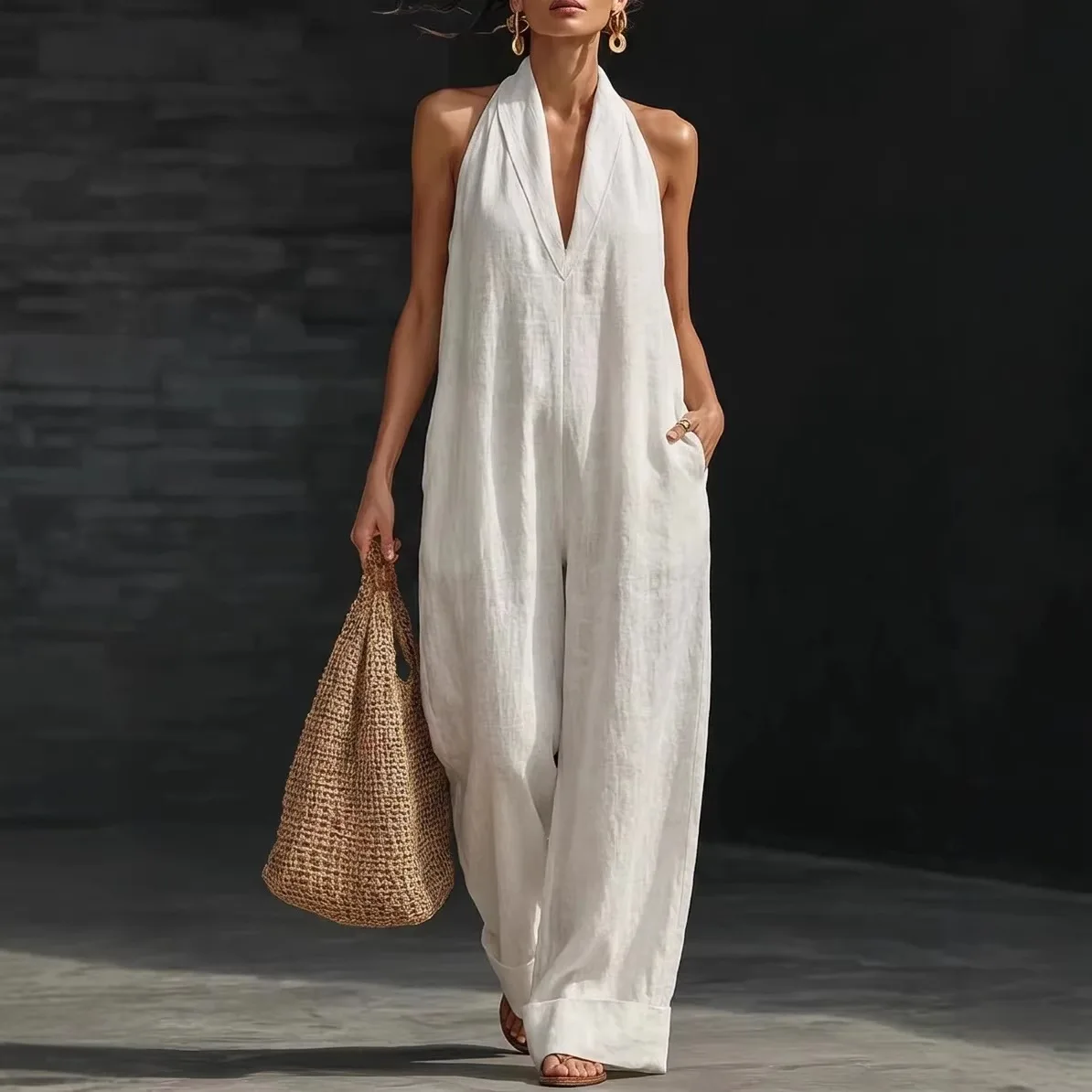 Fashion Sleeveless Halter Jumpsuit White Deep V Neck Wide Leg Cuffed Hem Pocketed Resort Casual Boho Rompers Outfit for Summer
Fashion Sleeveless Halter Jumpsuit White Deep V Neck Wide Leg Cuffed Hem Pocketed Resort Casual Boho Rompers Outfit for Summer