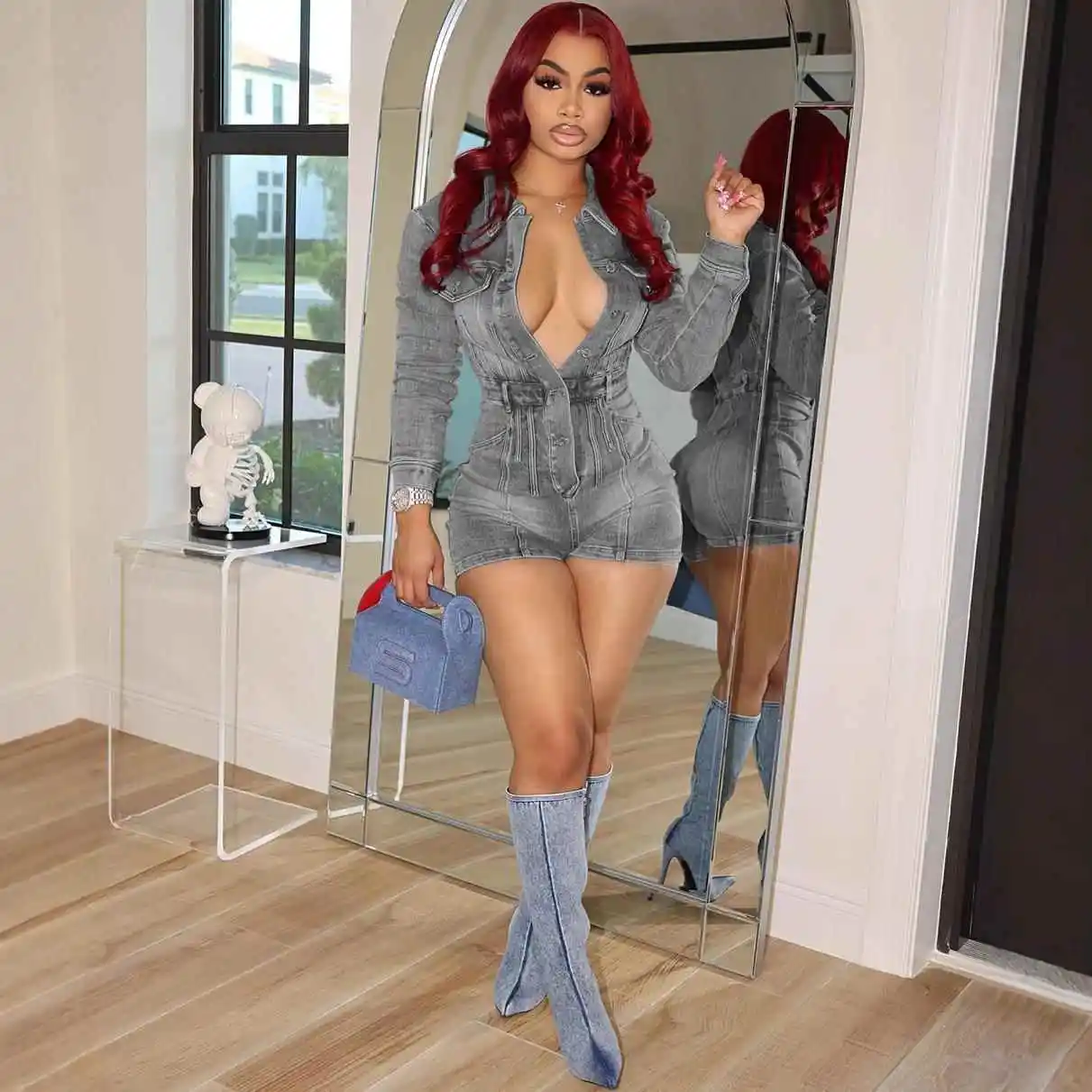 Women's High-Waist Denim Jumpsuit Stretchy orts Casual Comfortable Polyester Fiber Autumn Faion Ladies' One-Piece Suit
Women's High-Waist Denim Jumpsuit Stretchy orts Casual Comfortable Polyester Fiber Autumn Faion Ladies' One-Piece Suit