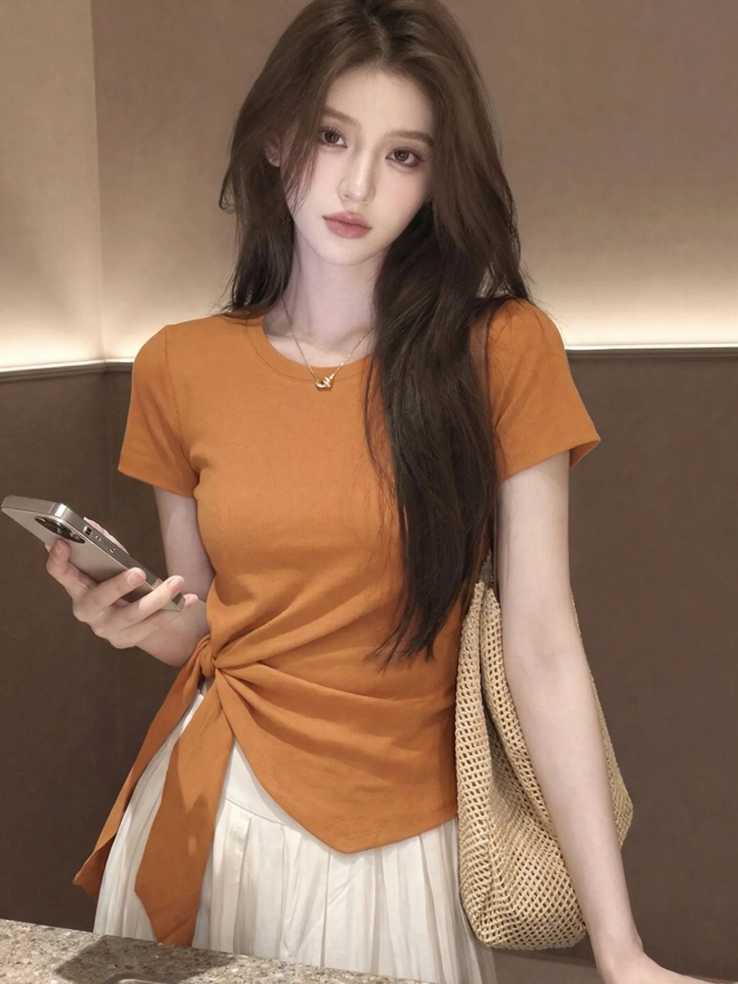 Slim Fit Short Sleeve T-Shirt Women's Pure Color Asymmetrical Belt round Neck Top Stylish Spring Summer White Enhancing Fashi...
Slim Fit Short Sleeve T-Shirt Women's Pure Color Asymmetrical Belt round Neck Top Stylish Spring Summer White Enhancing Fashi...