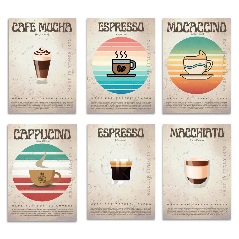 Vintage feel coffee, espresso, cappuccino, coffee latte, coffee mocha art mural, modern food art poster, gift for coffee lovers
Vintage feel coffee, espresso, cappuccino, coffee latte, coffee mocha art mural, modern food art poster, gift for coffee lovers