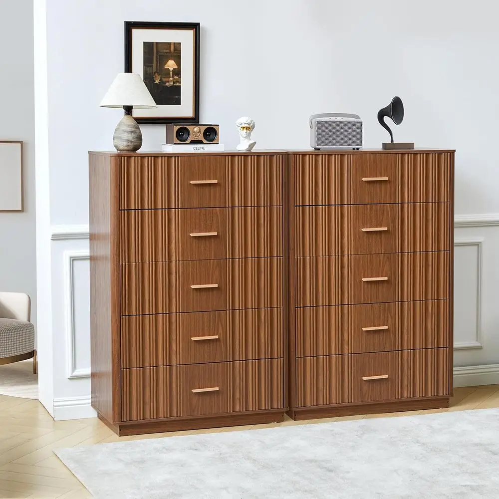 5-Drawer Bedroom Storage Cabinet, Tall Wooden TV Stand with Curved Design, 2-Set Walnut Living Room/Hallway Closet Organizer
5-Drawer Bedroom Storage Cabinet, Tall Wooden TV Stand with Curved Design, 2-Set Walnut Living Room/Hallway Closet Organizer