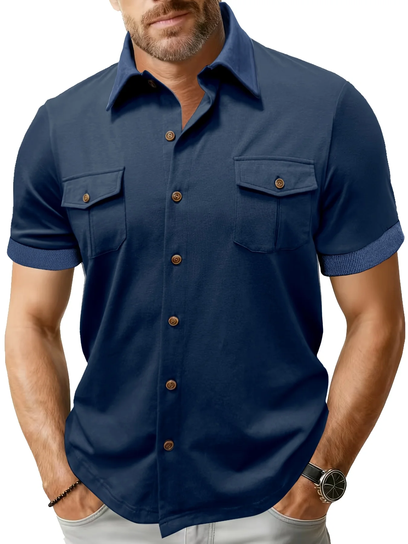 Plus-size Men's Short-sleeved Shirt, Summer Casual Vacation Collared Pocket Cardigan Solid Color T-shirt Top
Plus-size Men's Short-sleeved Shirt, Summer Casual Vacation Collared Pocket Cardigan Solid Color T-shirt Top