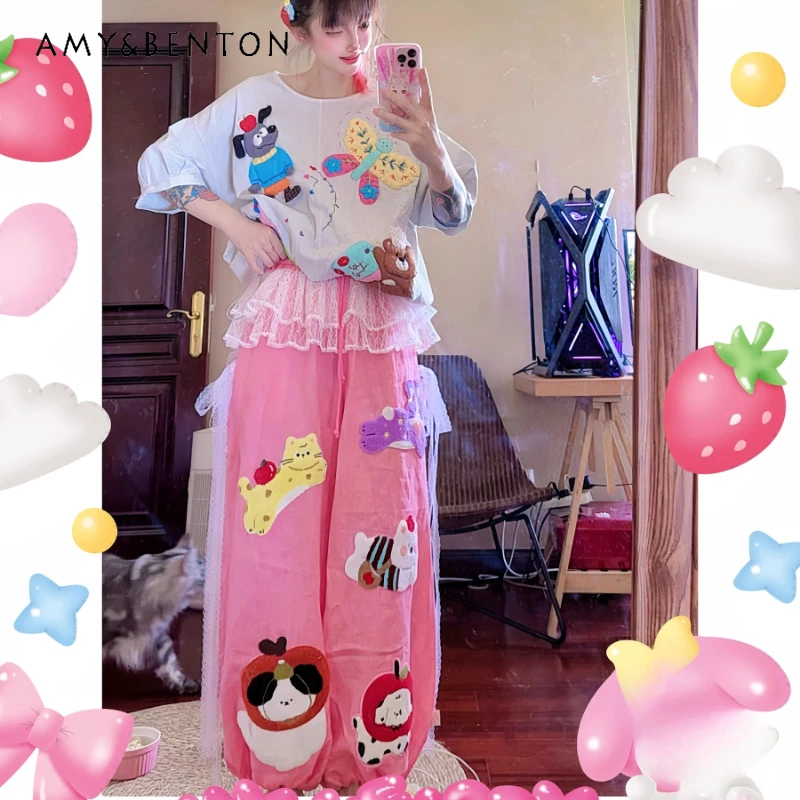 Japanese Children's Fun New Women's Clothing Cute Animal Embroidery Linen Peach Wide-leg Pants Lace Thin Sports Trousers Ladies
Japanese Children's Fun New Women's Clothing Cute Animal Embroidery Linen Peach Wide-leg Pants Lace Thin Sports Trousers Ladies