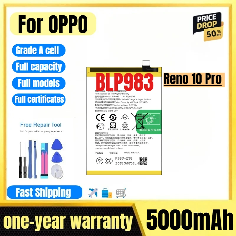 BLP983 for OPPO Reno 10 Pro Mobile Phone Battery High Quality High Capacity Battery Replacement Bateria Grade A Cell with Tools
BLP983 for OPPO Reno 10 Pro Mobile Phone Battery High Quality High Capacity Battery Replacement Bateria Grade A Cell with Tools