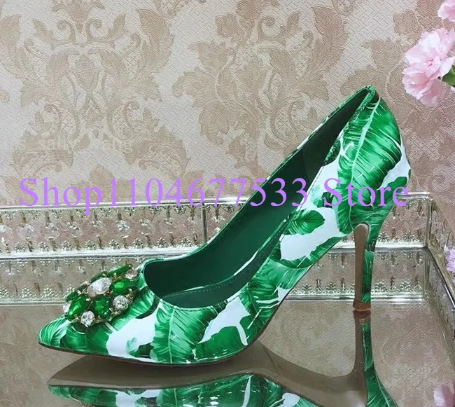 Женские туфли на высоком каблуке с зеленым листом и принтом, модные женские туфли-лодочки с кристаллами и декором, пикантные туфли-лодочки на тонком каблуке с острым носком, вечерние банкетные туфли
Женские туфли на высоком каблуке с зеленым листом и принтом, модные женские туфли-лодочки с кристаллами и декором, пикантные туфли-лодочки на тонком каблуке с острым носком, вечерние банкетные туфли