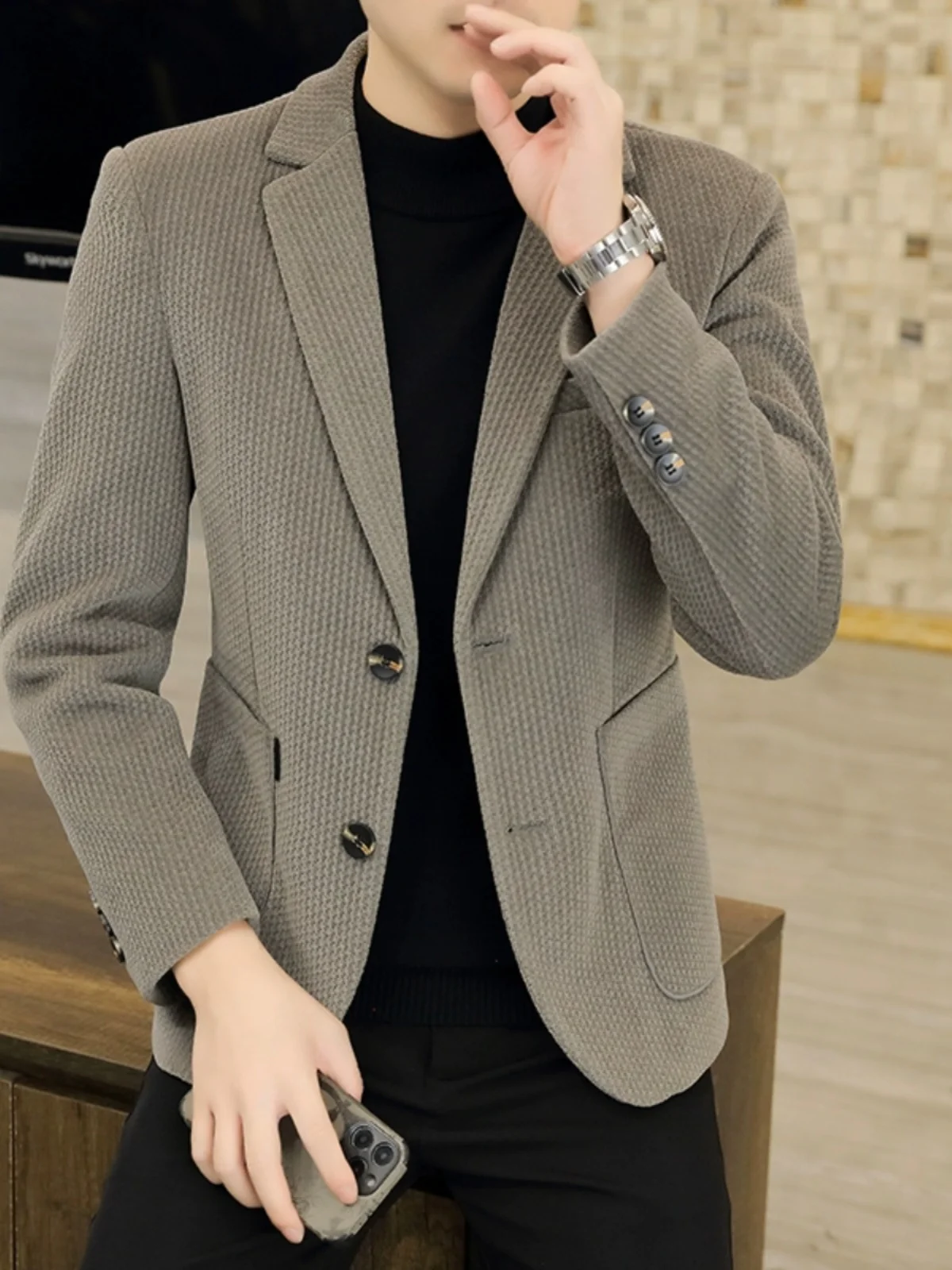 Men's Thiened Woolen Casual Single-Breasted Suit Jaet Autumn Winter Faion Urban Sle Stand Fit round Hemline No-Cha
Men's Thiened Woolen Casual Single-Breasted Suit Jaet Autumn Winter Faion Urban Sle Stand Fit round Hemline No-Cha